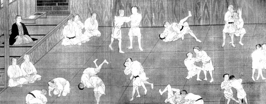 Slika učencev tradicionalnega jiu-jitsuja.
